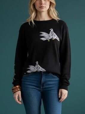 Vtg 70s Cyn Les Black Turtle Dove Embroidered Sweater Sz M Peace Messenger Boho